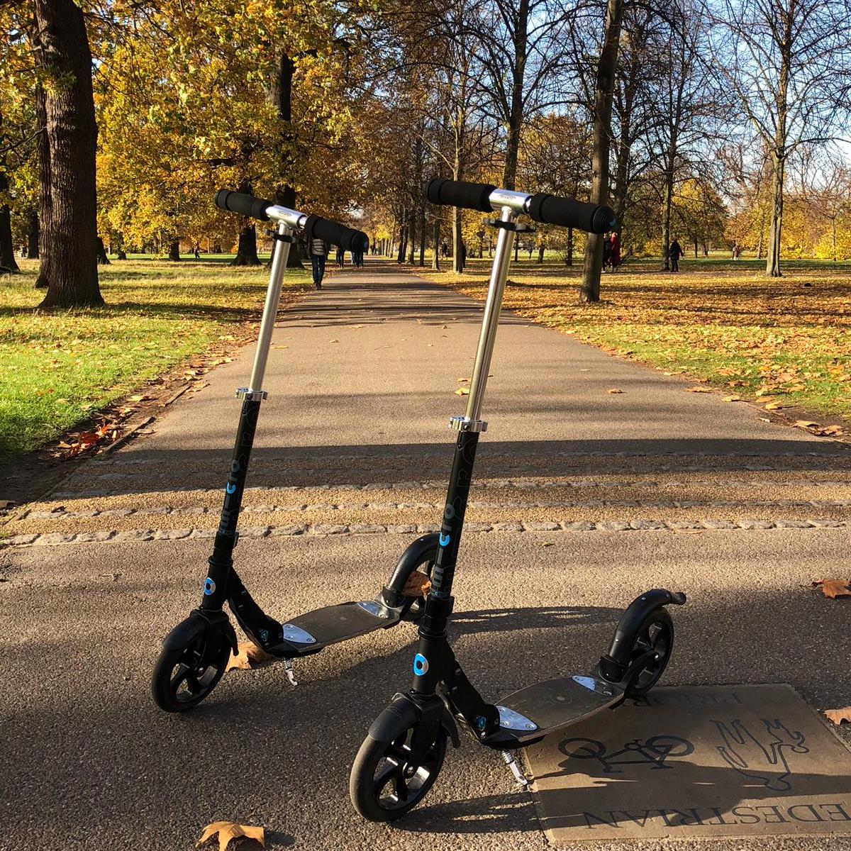 2 push scooters on a path in a park