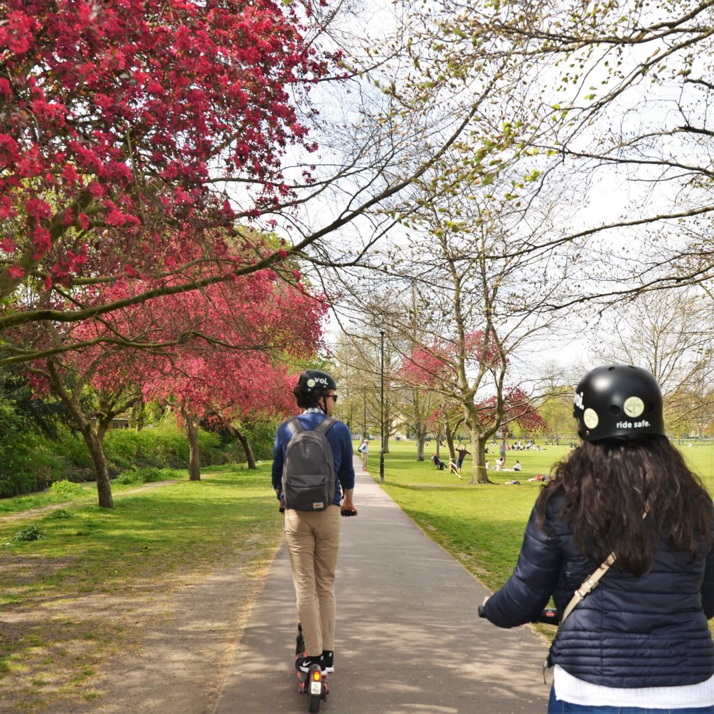 a group of people walking in a park